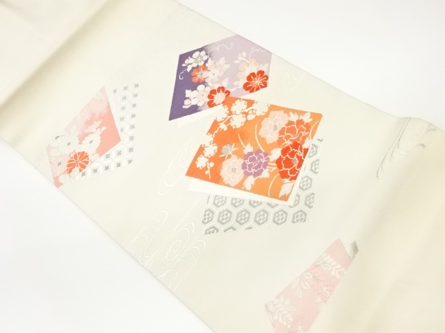 観世水・色紙に花々模様織出し名古屋帯